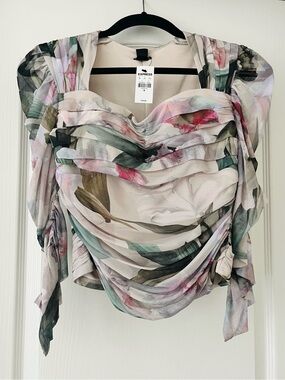 NWT Express Floral Ruched Sheer Top - Cream, Pink, Green